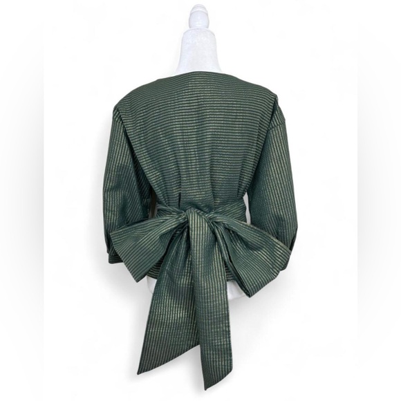 CEFINN Striped Metallic Green sparkly Voile Wrap Top - Picture 3 of 5